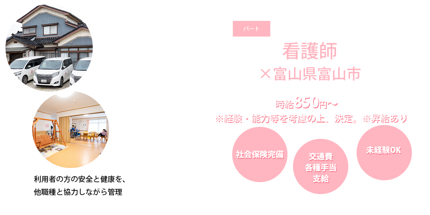 利用者の方の安全と健康を、他職種と協力しながら管理